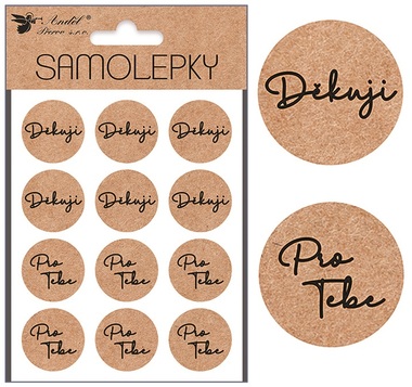 Stickers Děkuji and Pro tebe 12 pcs, diameter 3 cm, 11 x 18 cm