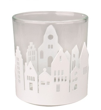 Glass Candle Holder with White Metal Houses 7 x 8 x 7 cm 