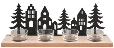 Wooden Candle Holder with Black Metal Houses and Trees for 4 Candles 32 x 12 x 7 cm 