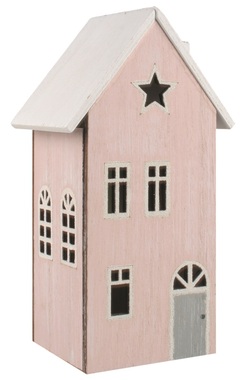 Standing Wooden House Pink with Patina with LED 10 x 20 x 8 cm, lower quality