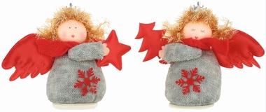 Standing Angel in Knitted Sweater, Grey-Red, 10 cm