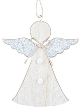 Hanging Wooden Angel with Silver Glittered Wings 15 cm