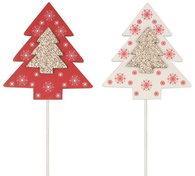 Wooden trees w/glitters on stick 8 cm + stick, 2 pcs 