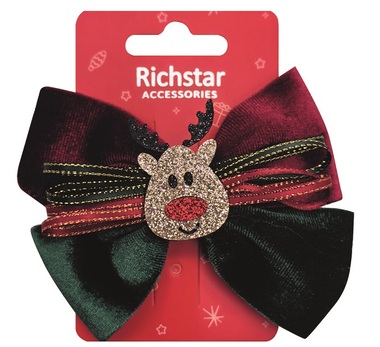 Hair Bow Velvet, with Reindeer 11 x 8,5 cm