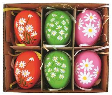 Plastic Eggs with Colored Decor for hanging, 6 cm, 6 pcs in a Box