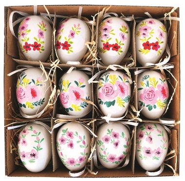 Plastic Eggs with Colorful Decor for hanging, 6 cm, 12 pcs in a Box