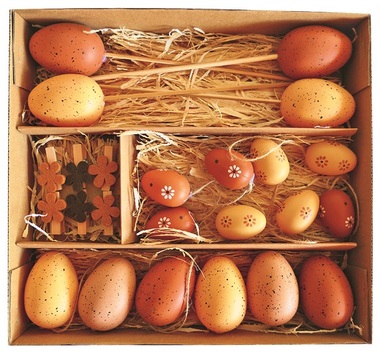 Set of 18 pcs - Plastic Eggs Brown MIX of sizes, Decoration in a Box