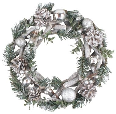 Wooden wreath with cones and silver decorations 30 cm 