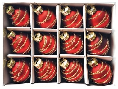 Glass Christmas Balls with glitter 3 cm, 12 pcs Red