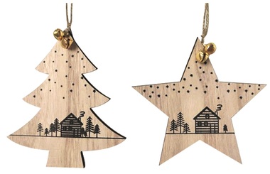 Hanging Wooden Star and Tree Scandi Style 11 x 13 cm