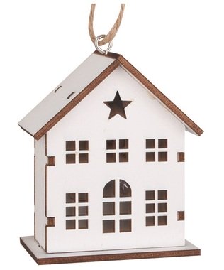 Hanging Wooden House White with LED 6 x 7 x 3,5 cm 