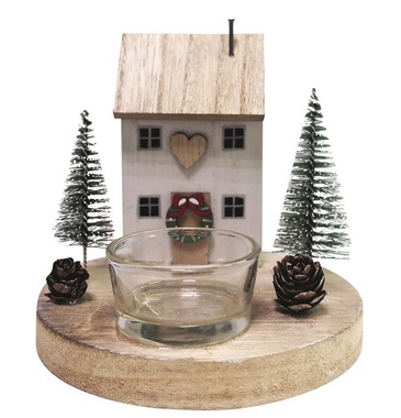 Wooden Candle Holder with House 12 x 12 x 12 cm 