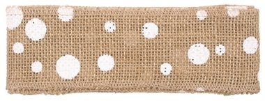 Jute Ribbon width 6 cm, 2 m, White Circles