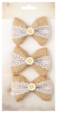 Jute Bow with Lace and Button 7 cm, 3 pcs