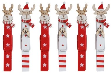 Red reindeer on peg 8,5 cm, 6 pcs