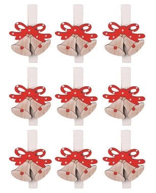 Red Wooden Bells on a Peg with a Bow 2 cm , 9 pcs