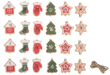 Wooden Decoration on Peg Advent Calendar 4,5 cm, 24 Pcs  