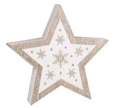 Wooden Star with white print standing 12 x 12 x 2 cm