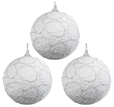 Polystyrene Christmas Balls 8 cm, Set of 3, White with Silver Glitter