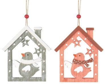 Hanging Wooden House w/Bird 8 cm