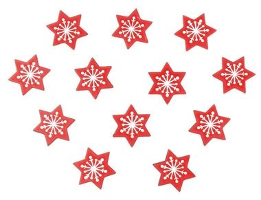 Wooden Star with Snowflake White Print w/Sticker 3 cm, 36 pcs, Red