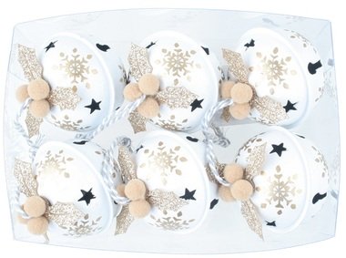 Jingle Bells 5 cm, 6 pcs, White with Gold print