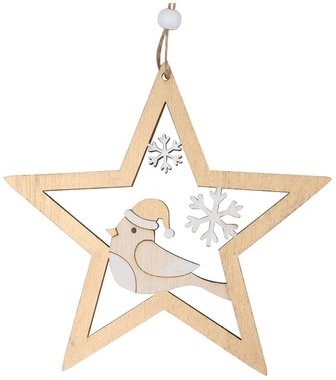 Hanging Wooden Star with Bird 14 cm, Gold