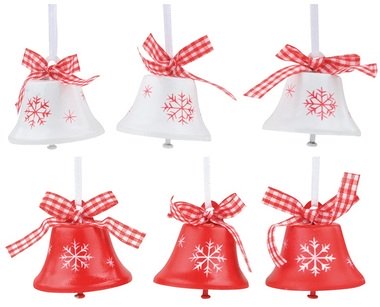 Hanging Bells red/white w/snowflake 4,5 cm, 6 pcs