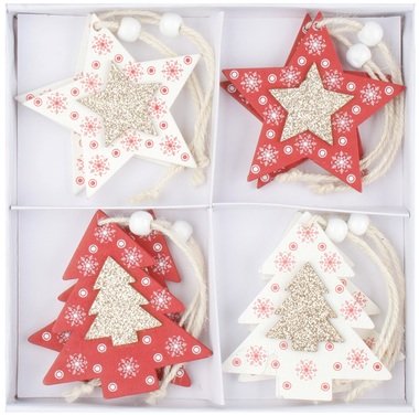 Hanging wooden decorations 8 cm, 8 pcs 