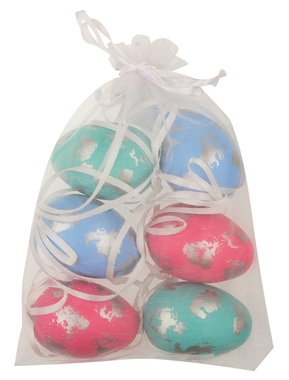 Hanging pink/blue/green Plastic Eggs 6 cm, 6 pcs in organza bag 