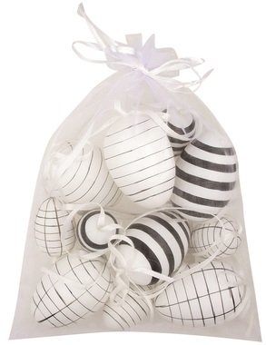 Hanging white/black Plastic Eggs 4cm, 6pcs and 6cm, 6 pcs in organza bag 