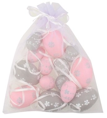 Hanging ping/grey Plastic Eggs 4cm, 6pcs and 6cm, 6 pcs in organza bag 